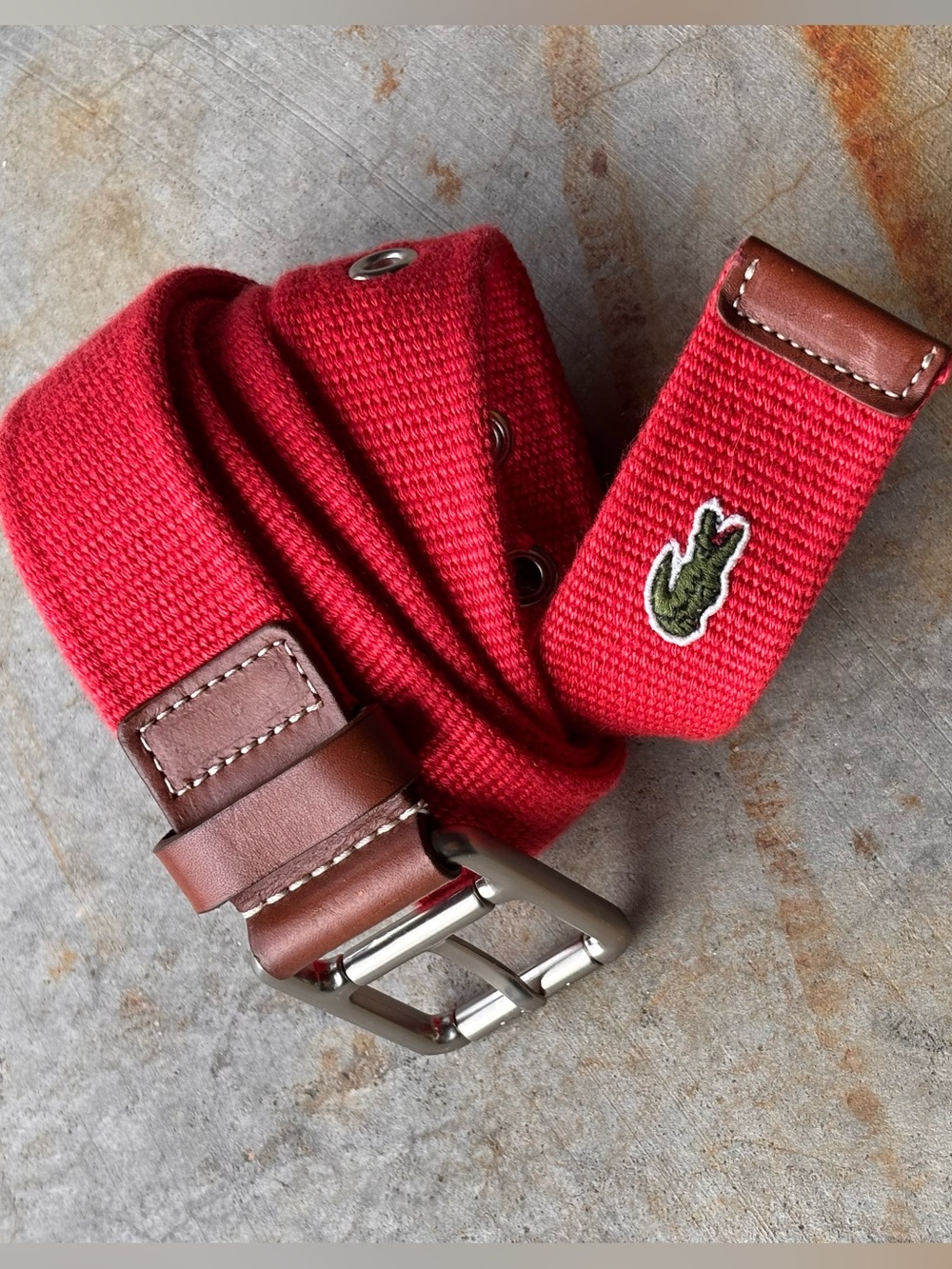 Lacoste Red Canvas Belt Genuine Leather Croc Logo Size 36